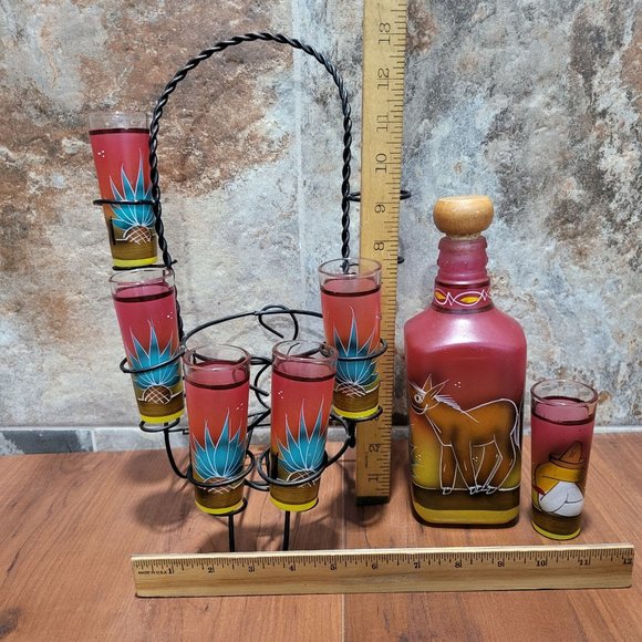Amatitan Jalisco Mexico Decanter Tequila Bottle 6 Shot Glasses Metal Display Rac - Picture 9 of 14